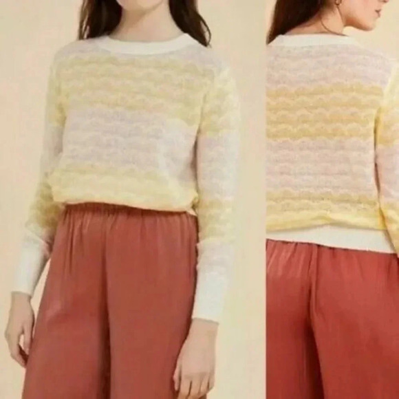 Women's Sweater Yellow White Wave Knit Pullover Soft Lightweight Long Sleeve S - Picture 1 of 5